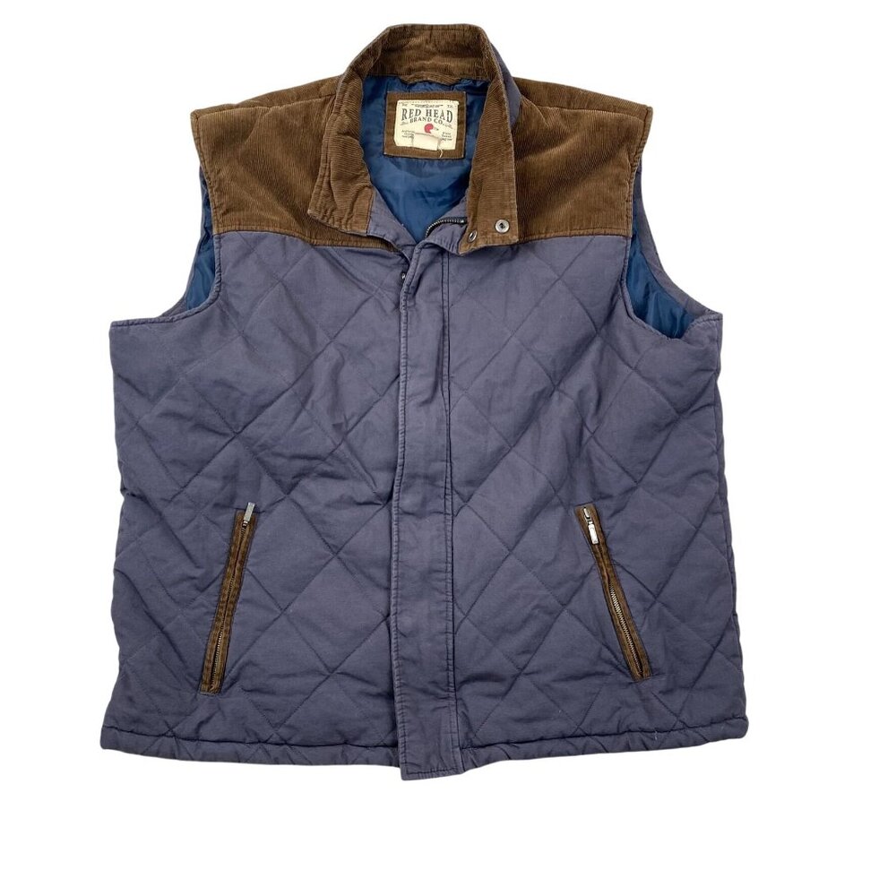 Red Head Brand Mens Quilted Vest XL Blue Brown Corduroy Collar Hunting Workwear